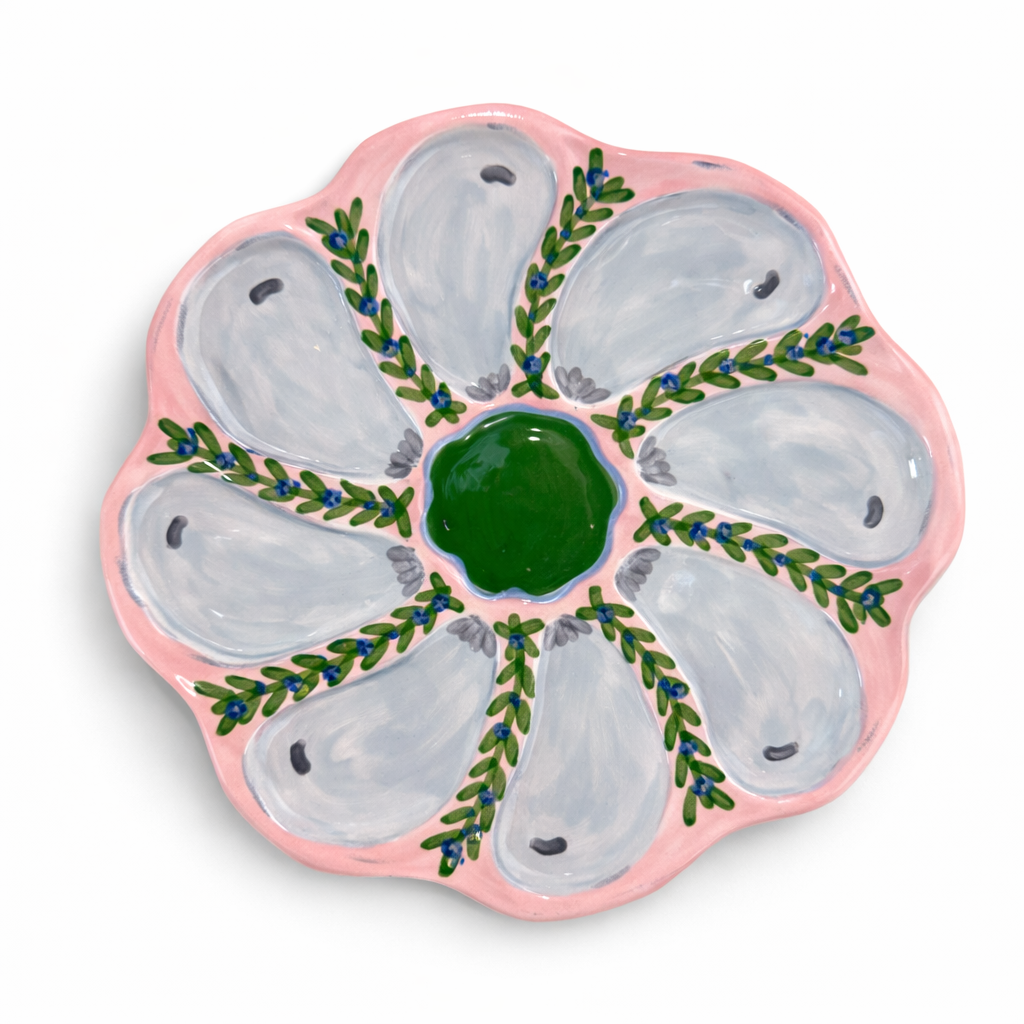 Hand-Painted Oyster Plate, Pink/Green Scallop