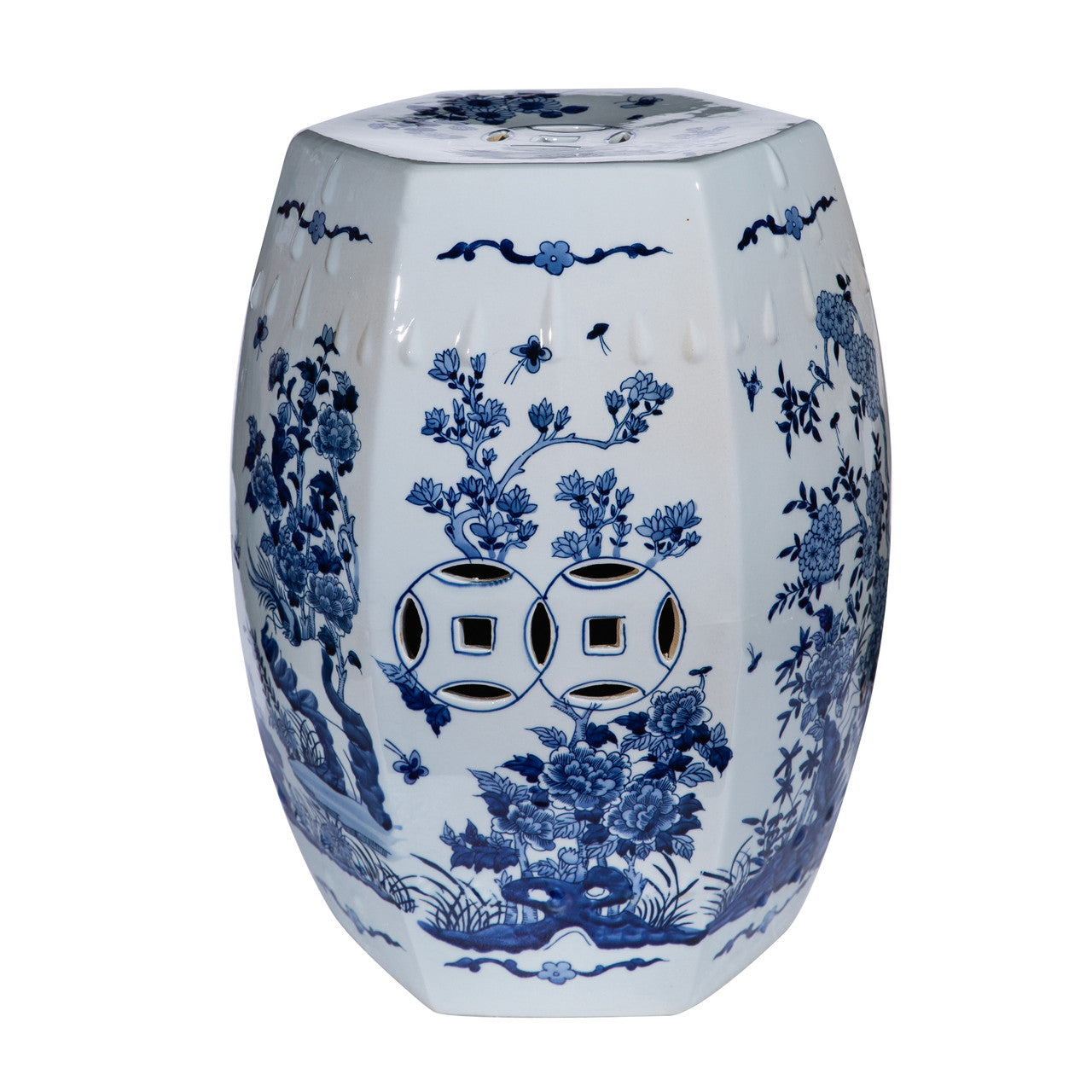 Celia Hex Garden Stool, Blue & White