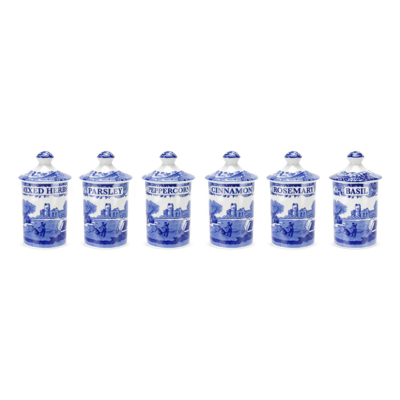 Spode Blue Italian Spice Jars Set of 6