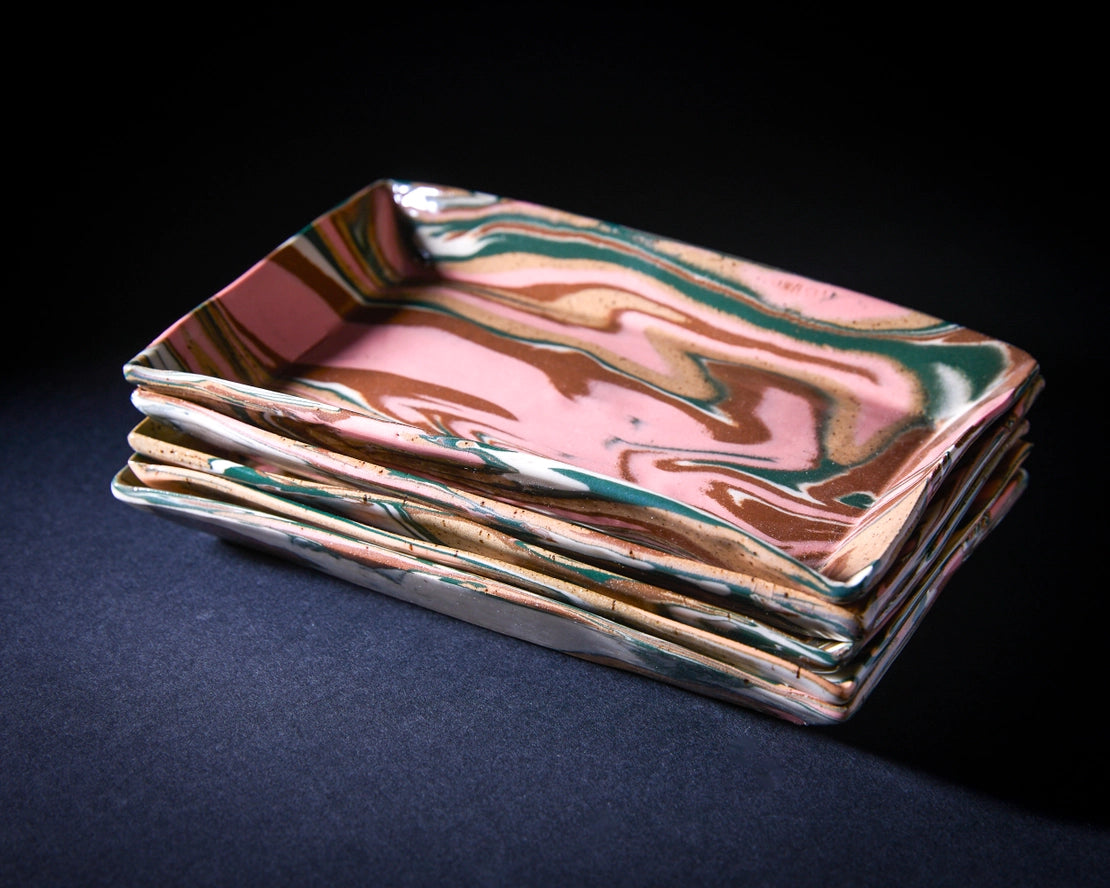 Carmine Marbled Tray, Orange & Green