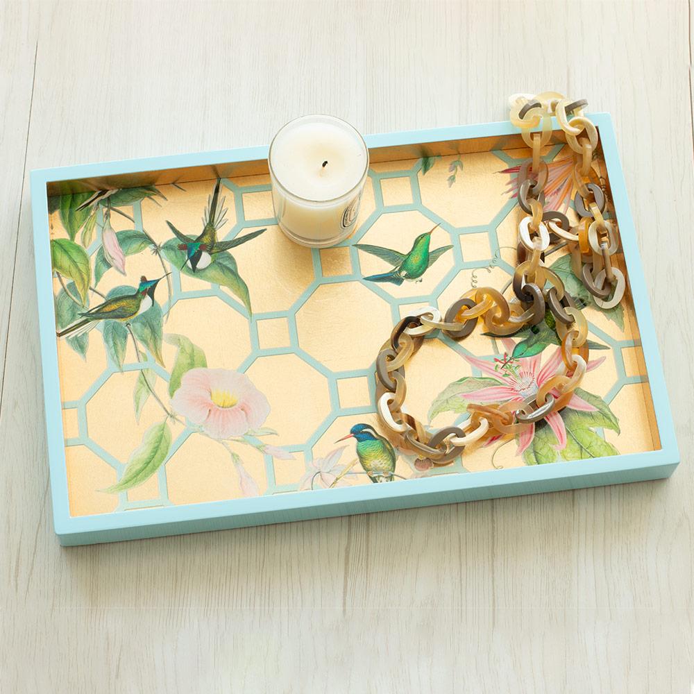 Caspari Hummingbird Trellis Gold Lacquer Rectangle Tray, Small