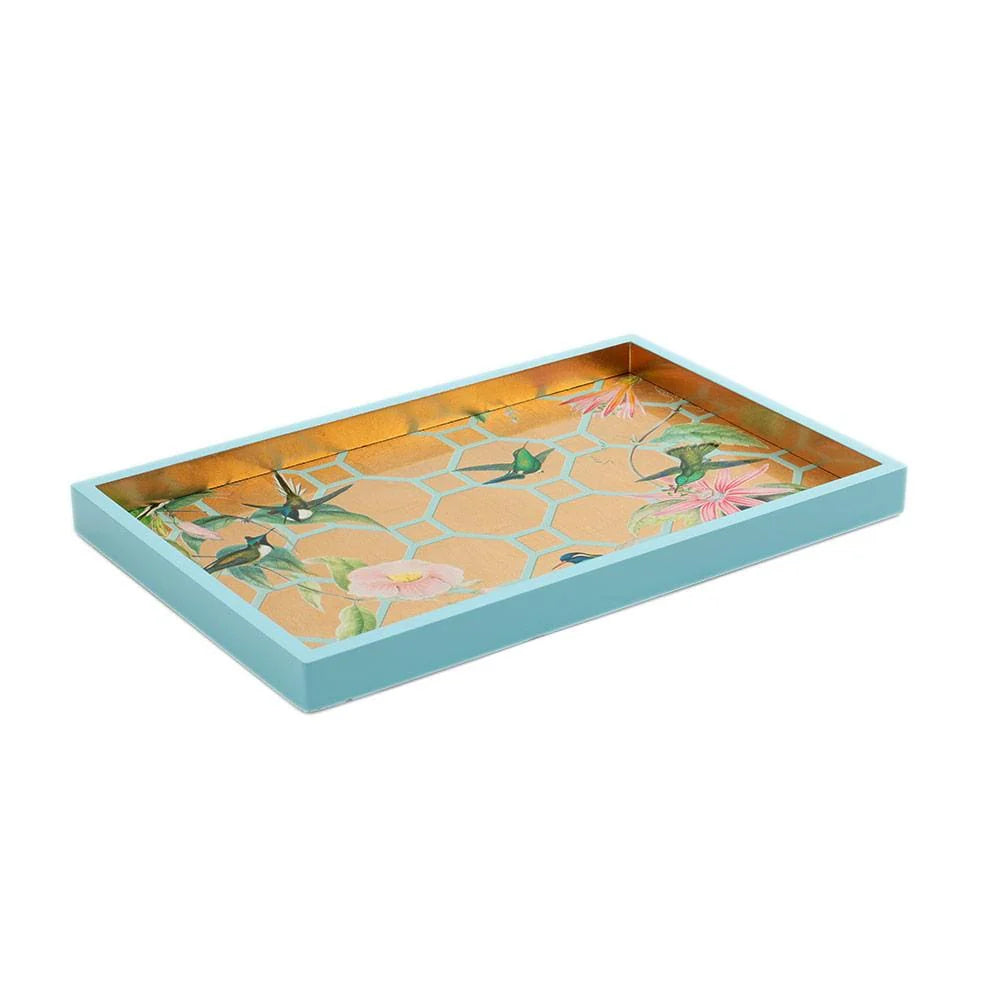 Caspari Hummingbird Trellis Gold Lacquer Rectangle Tray, Small