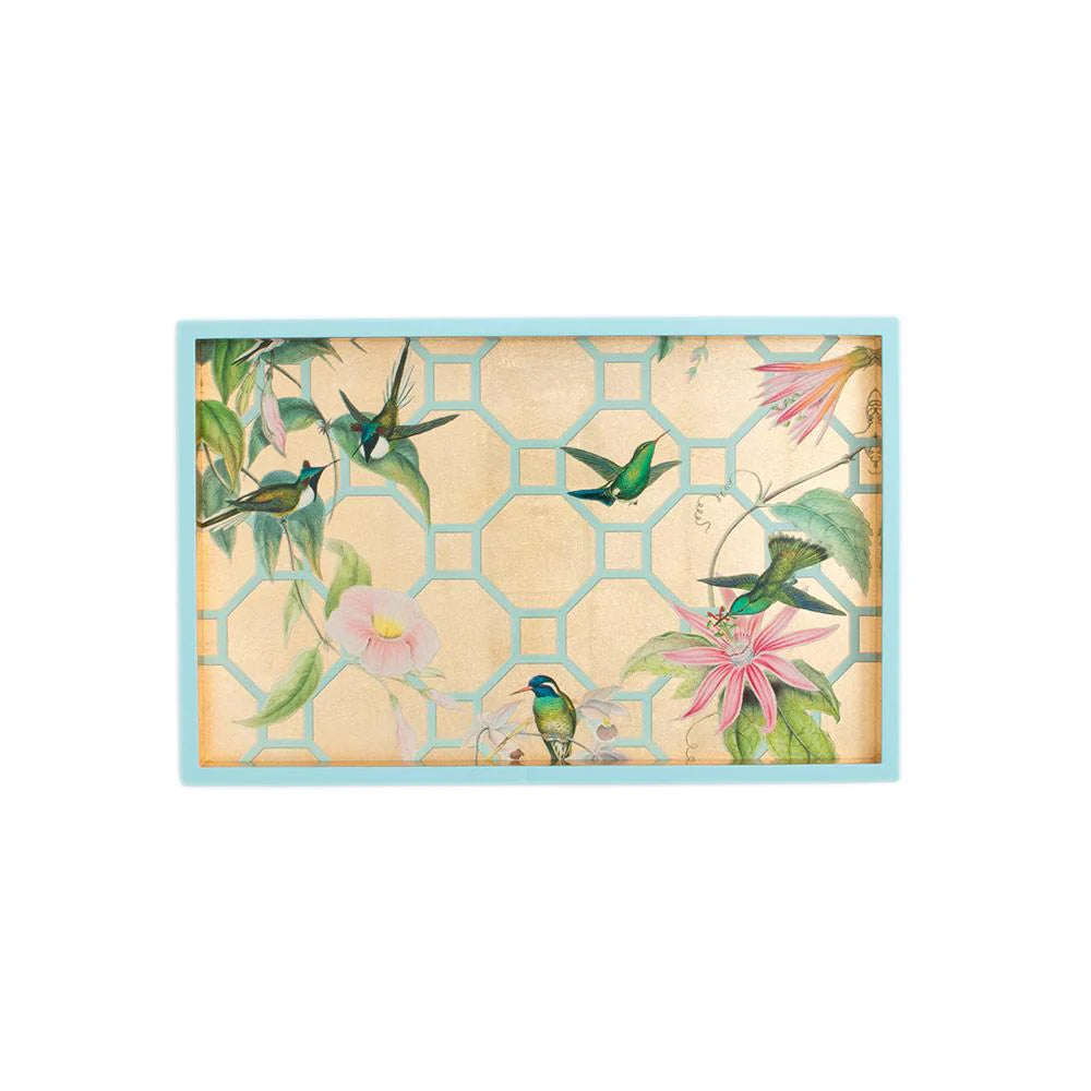 Caspari Hummingbird Trellis Gold Lacquer Rectangle Tray, Small
