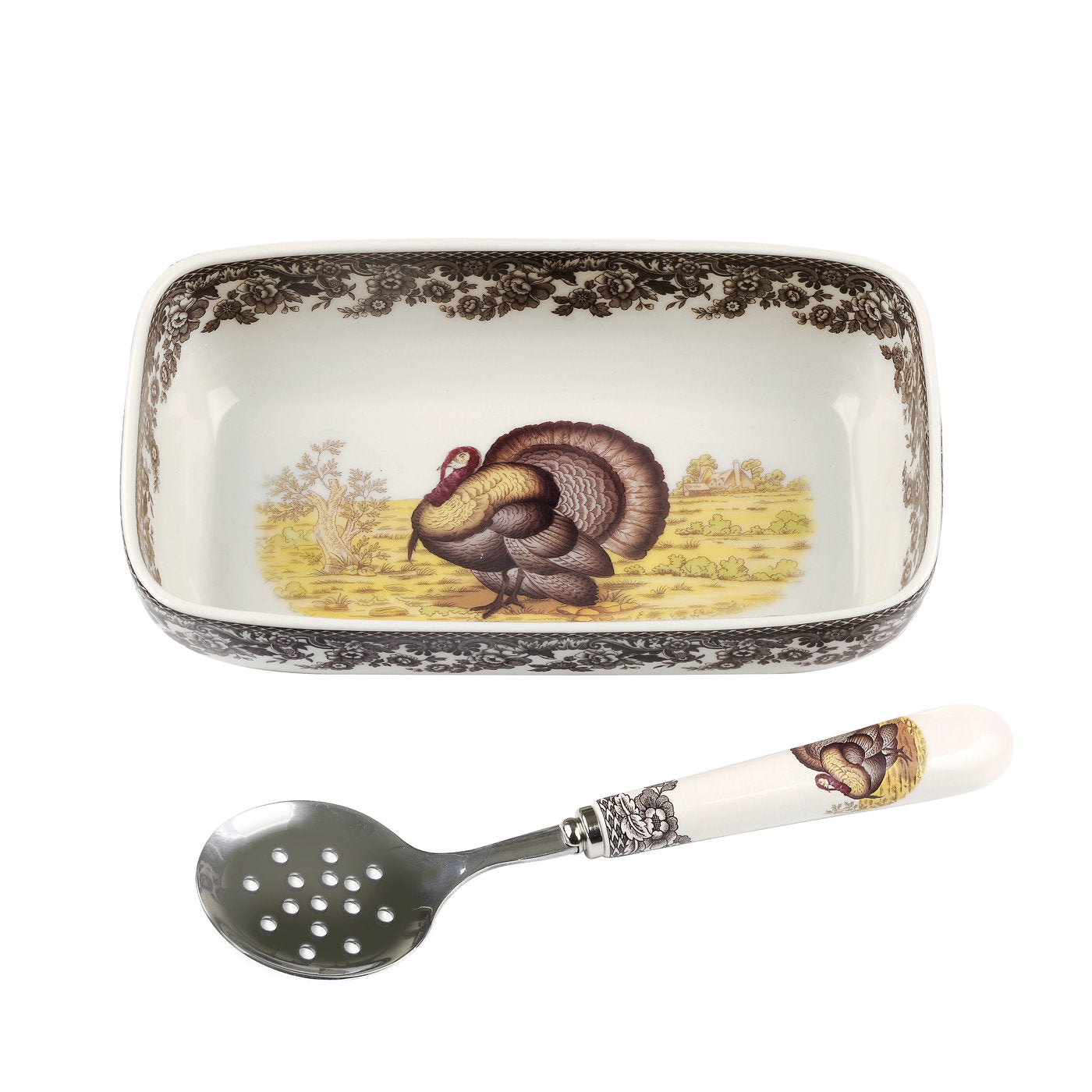 Spode Woodland Cranberry Dish with Slotted Spoon, Turkey