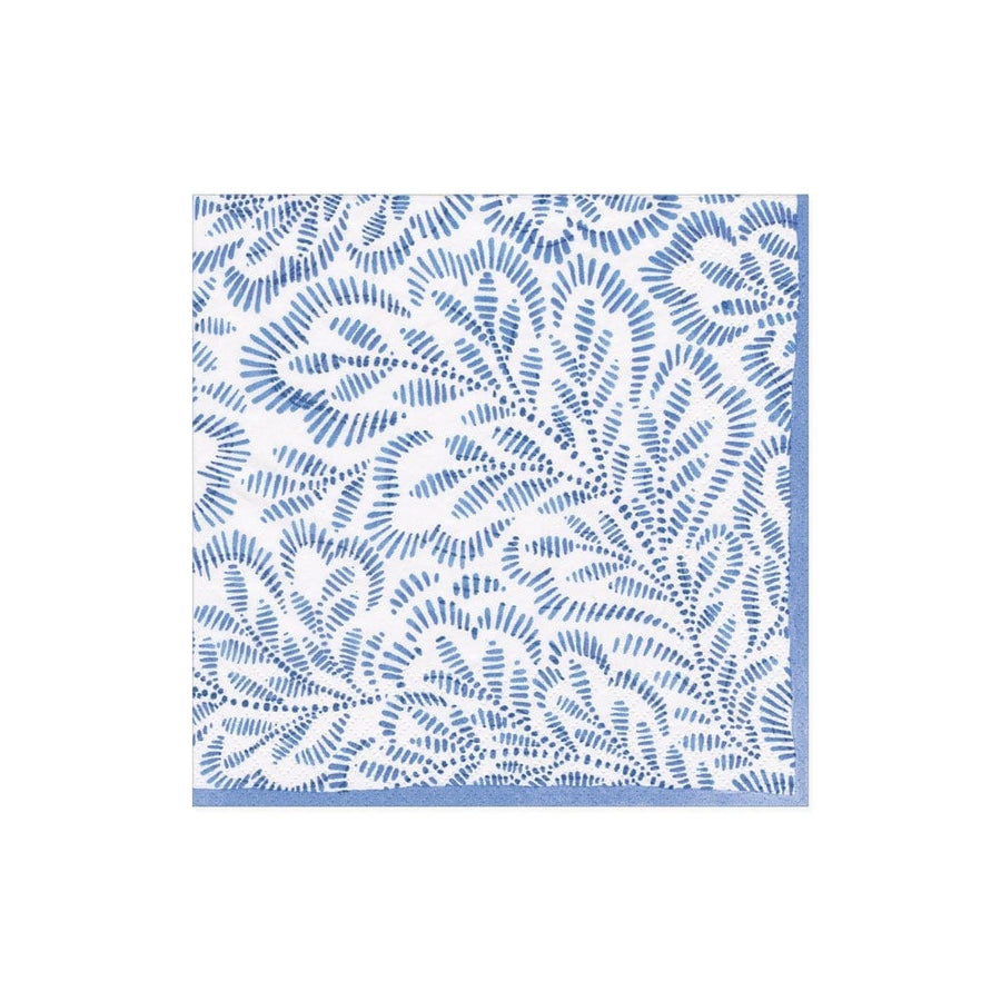 Caspari Block Print Leaves Paper Cocktail Napkins, Blue