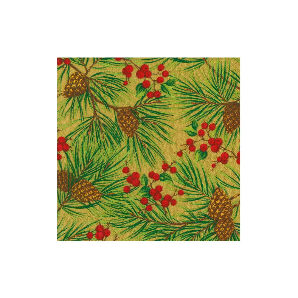 Caspari Evergreen and Berries Gold Cocktail Napkins