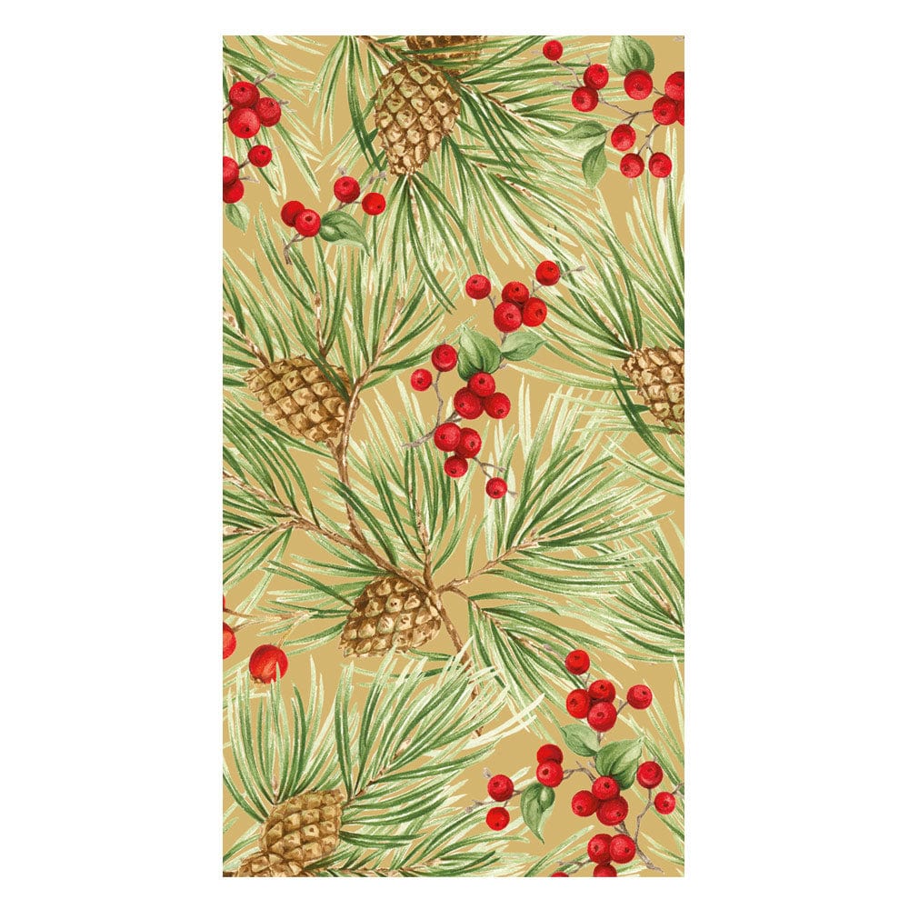 Caspari Evergreen And Berries Gold Guest Towel Napkins
