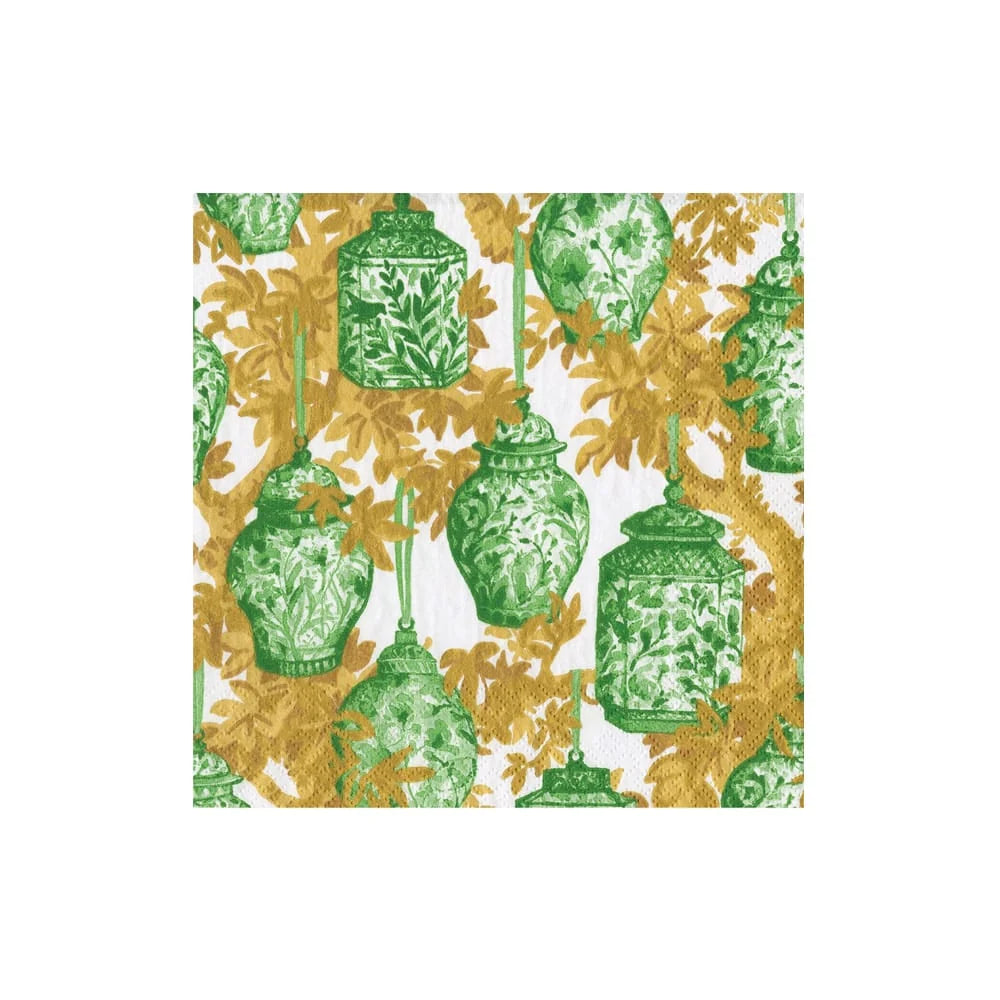 Caspari Ginger JarsGreen/White Cocktail Napkins