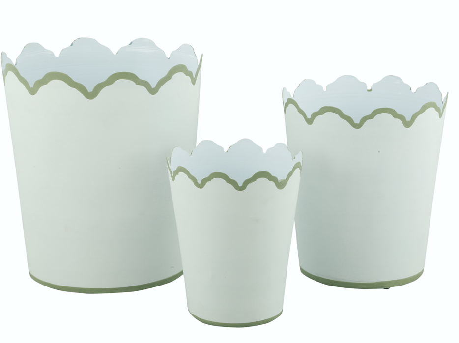 Larkin White & Soft Green Scalloped Cachepots, Multi Size