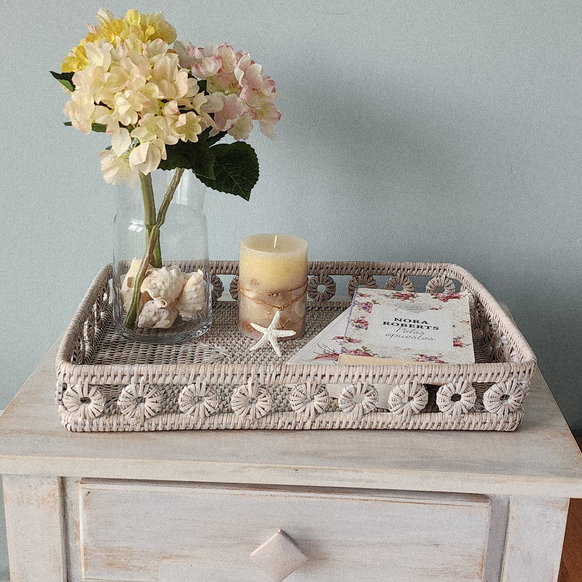 Diana Rattan Whitewash Rectagle Tray, Large