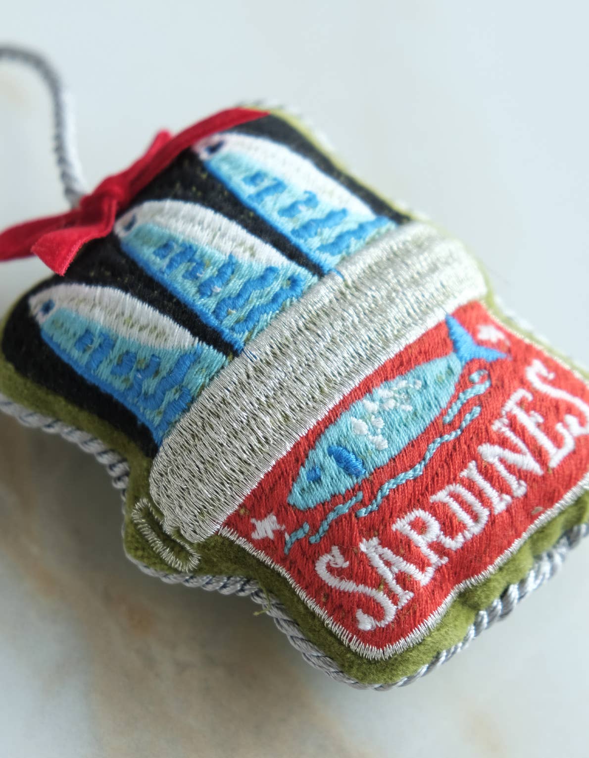 Sardine Tin Velvet Embroidered Ornament