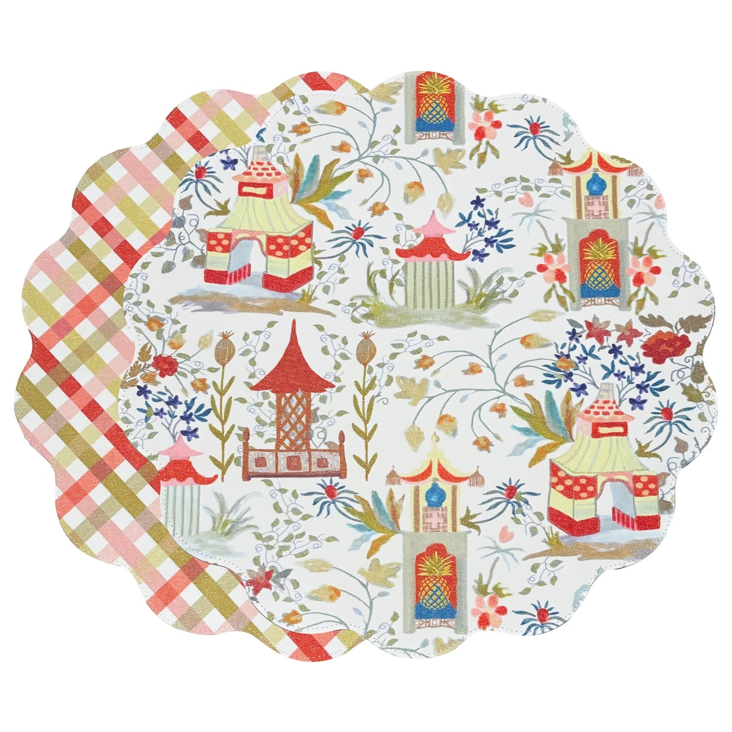 Beatriz Ball VIDA Pagoda and Carlie Plaid Reversible 15.5 Round Placemats, Red & Orange