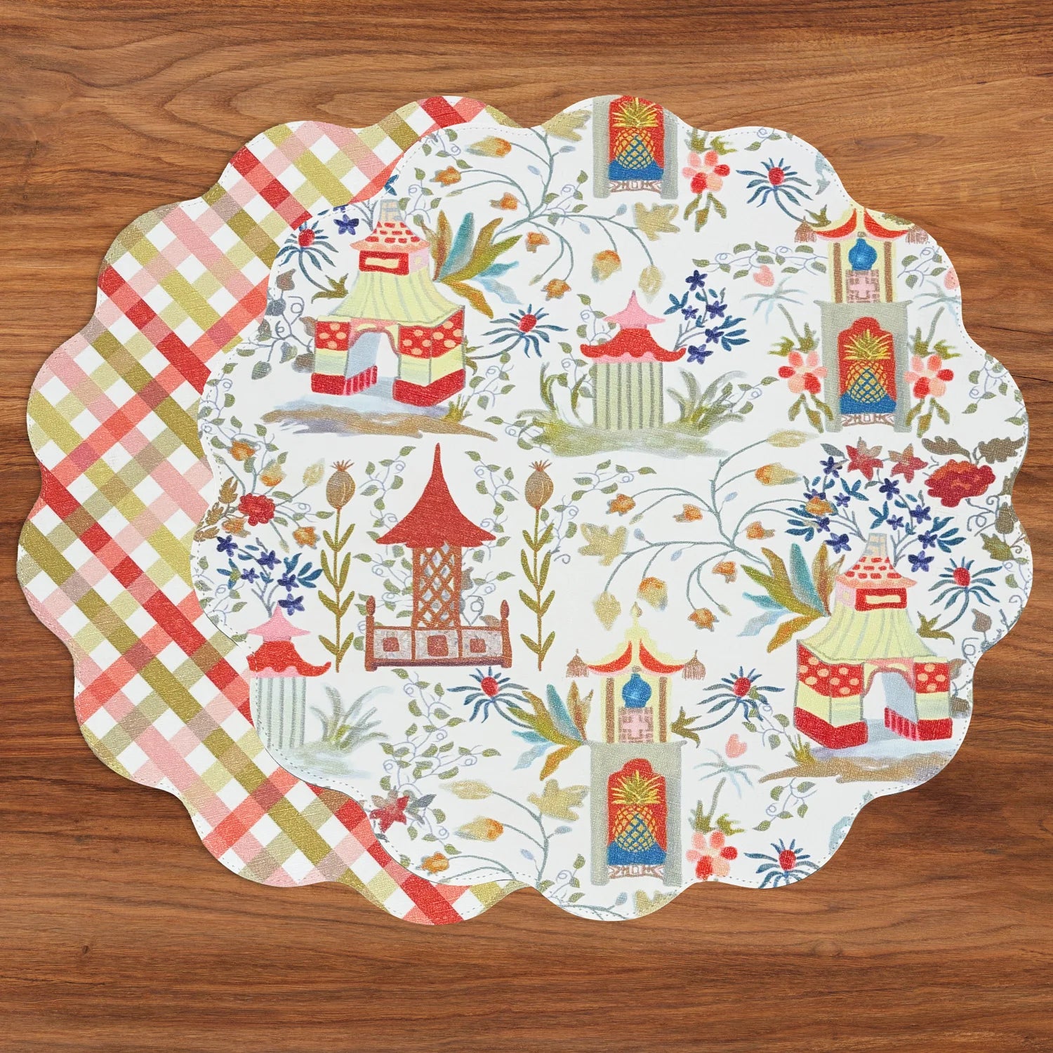Beatriz Ball VIDA Pagoda and Carlie Plaid Reversible 15.5 Round Placemats, Red & Orange