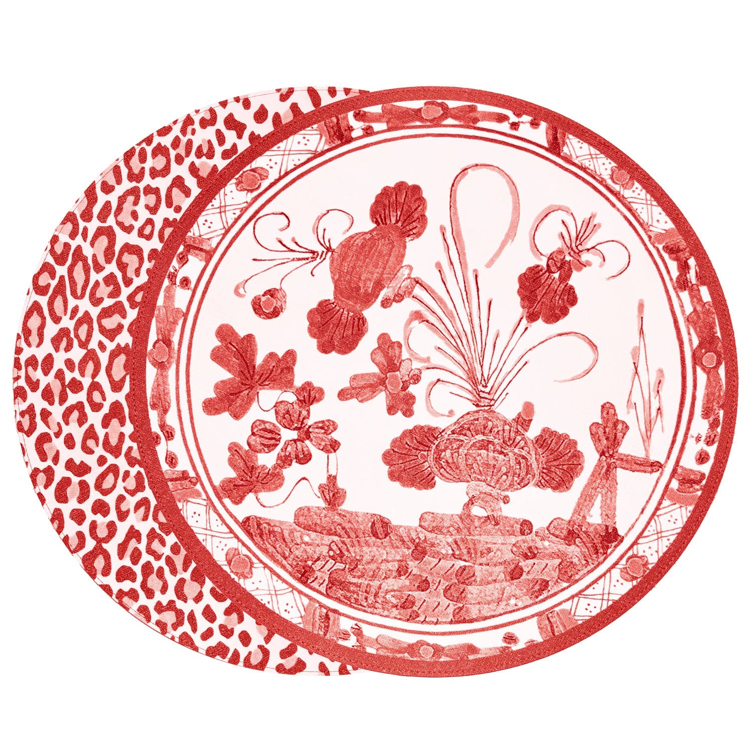 Beatriz Ball VIDA Faenza and Leopard Reversible Round Placemats, White & Red