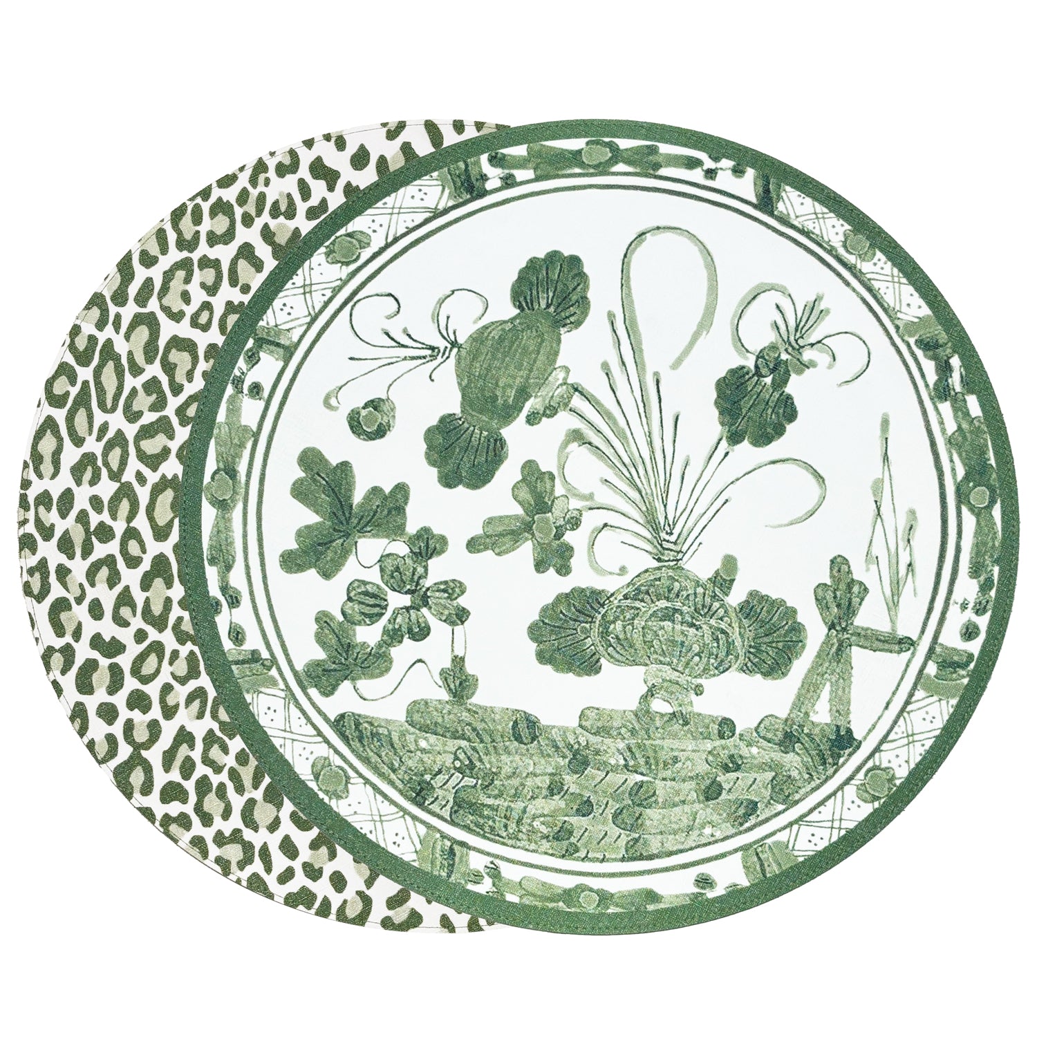 Beatriz Ball VIDA Faenza and Leopard Reversible Round Placemats, White & Green