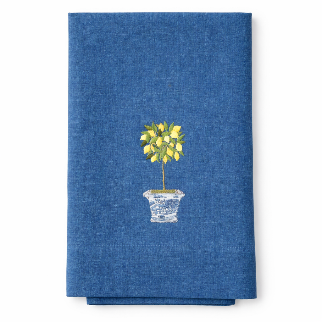 Lemon Topiary Linen Tea Towel, Royal Blue