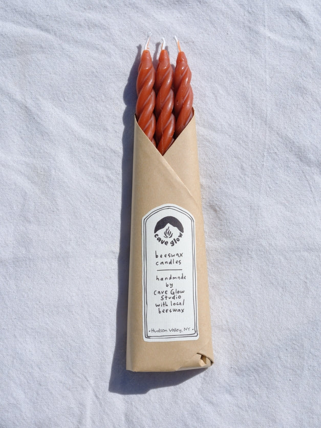 Spiral Beeswax Taper Candles, Set of 3, Warm Brown