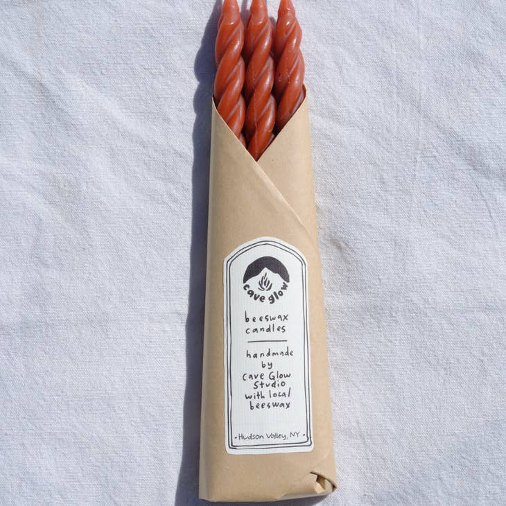 Spiral Beeswax Taper Candles, Set of 3, Warm Brown