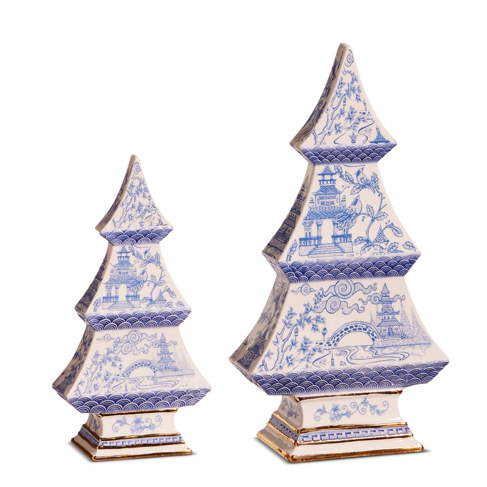 Preppy Blue Chinoiserie Pagoda Trees, Set of 2