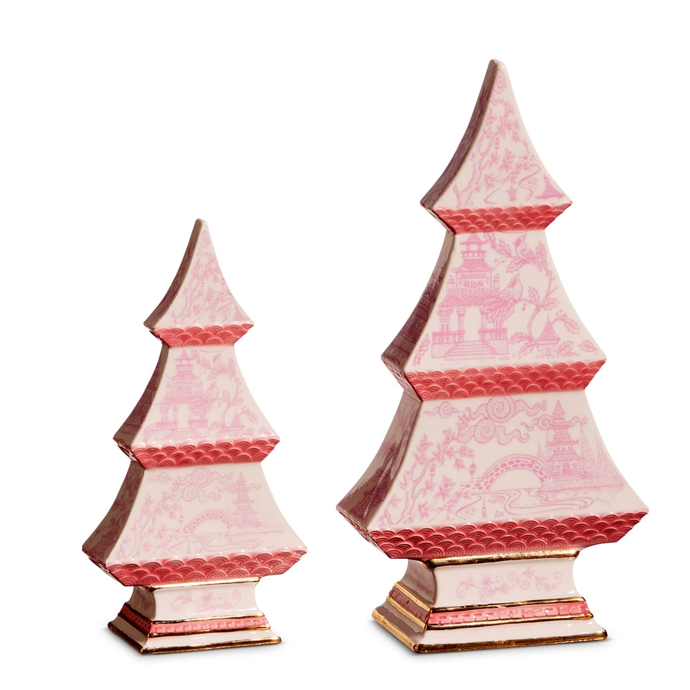 Preppy Pink Chinoiserie Pagoda Trees, Set of 2