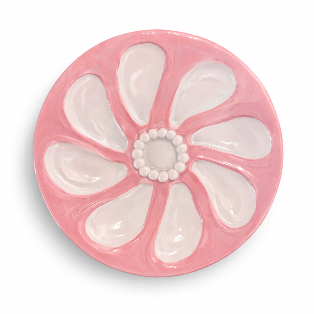 Hand-Painted Oyster Plate, Beaded White/Pink