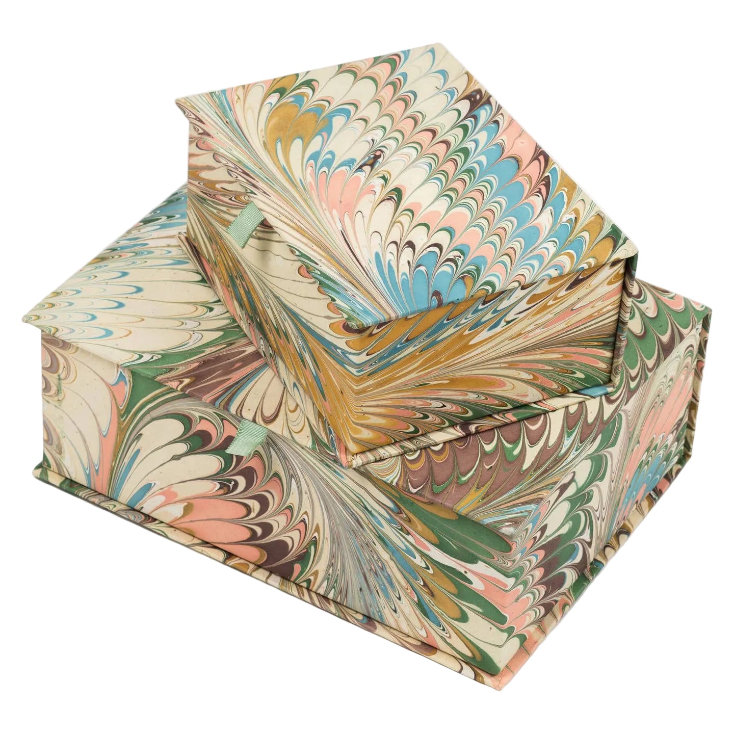 Marbled paper book with colorful patterns on a white background