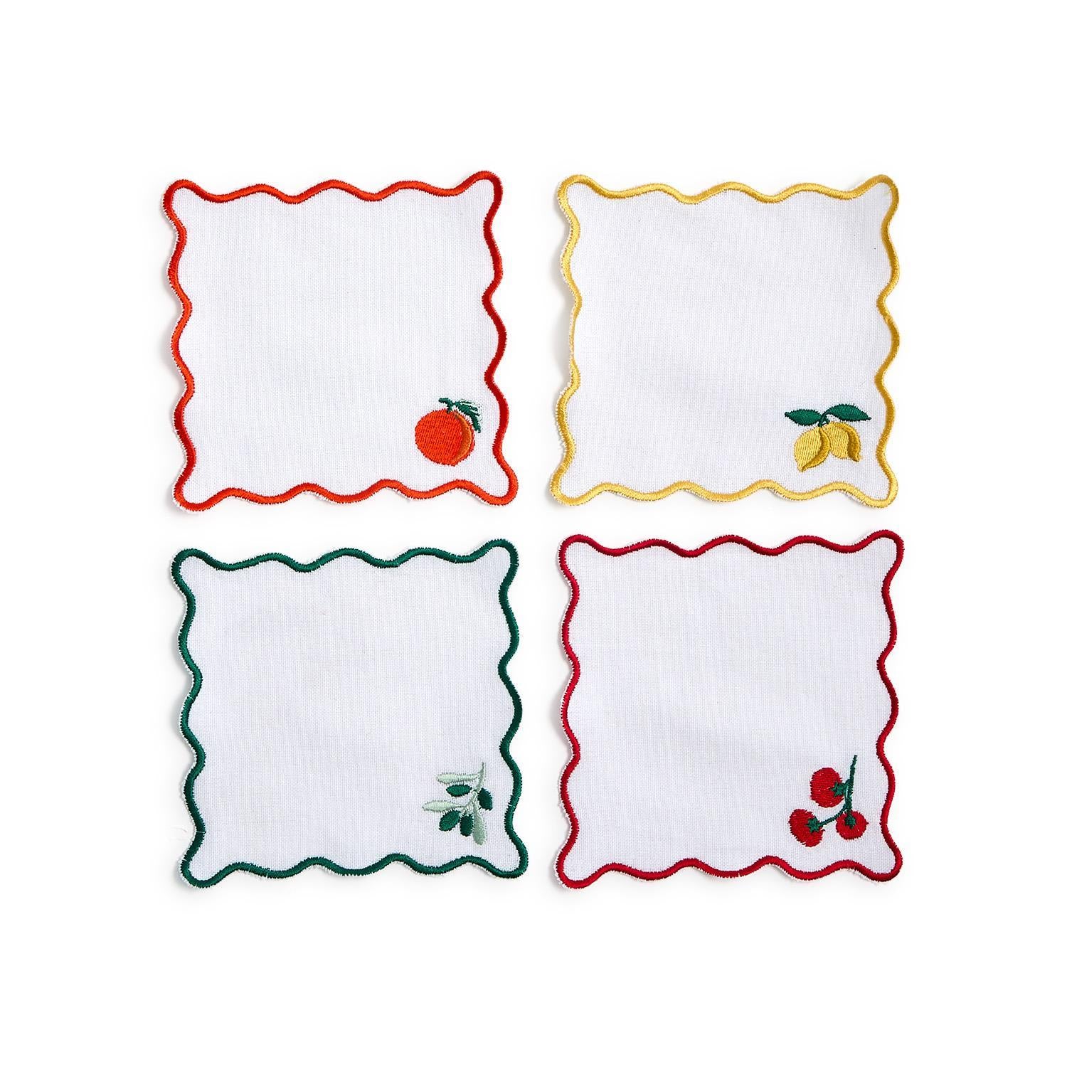 Embroidered Fruit Cocktail Napkins with Wavy Edge, Set of 4