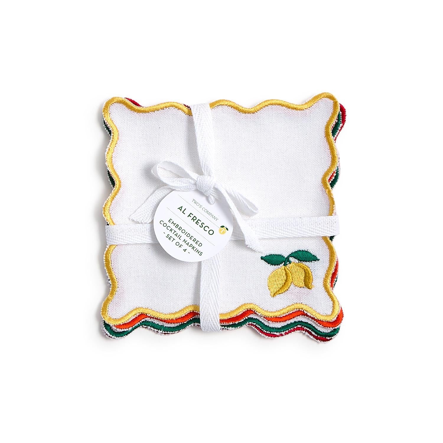 Embroidered Fruit Cocktail Napkins with Wavy Edge, Set of 4