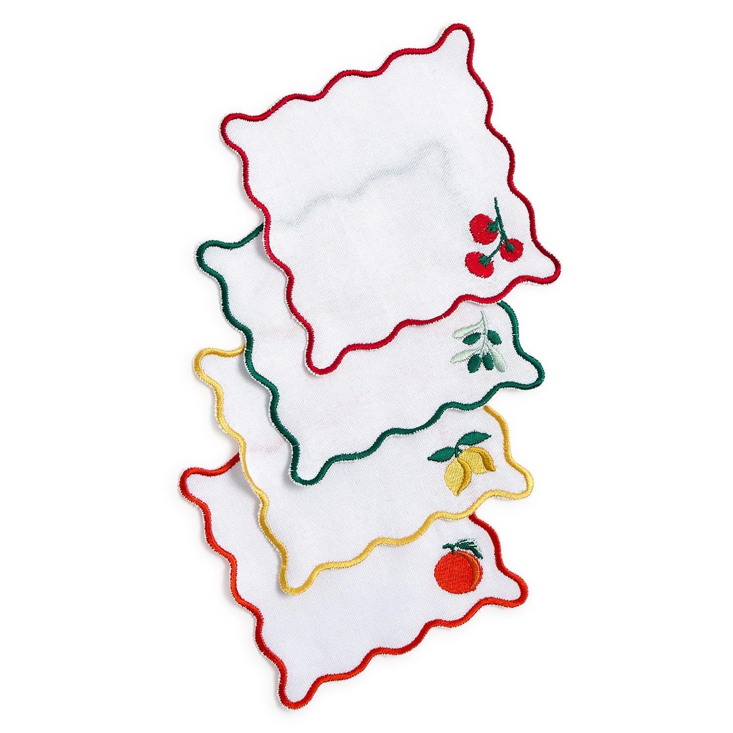 Embroidered Fruit Cocktail Napkins with Wavy Edge, Set of 4