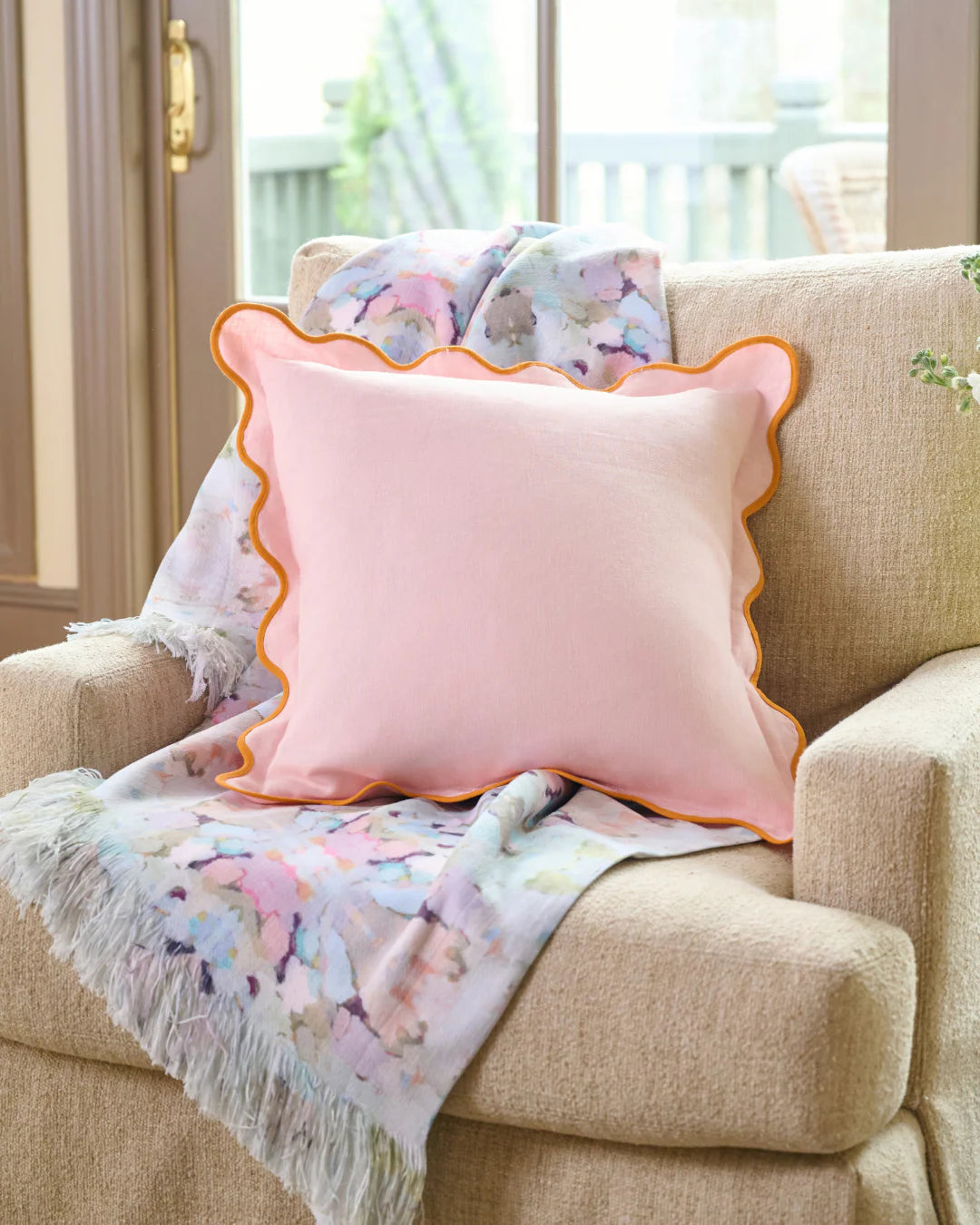 Charlotte Scalloped Linen Pillow, Pink & Orange