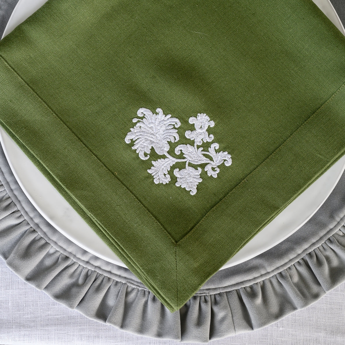 Whimsey Floral Large Napkin, Green & White