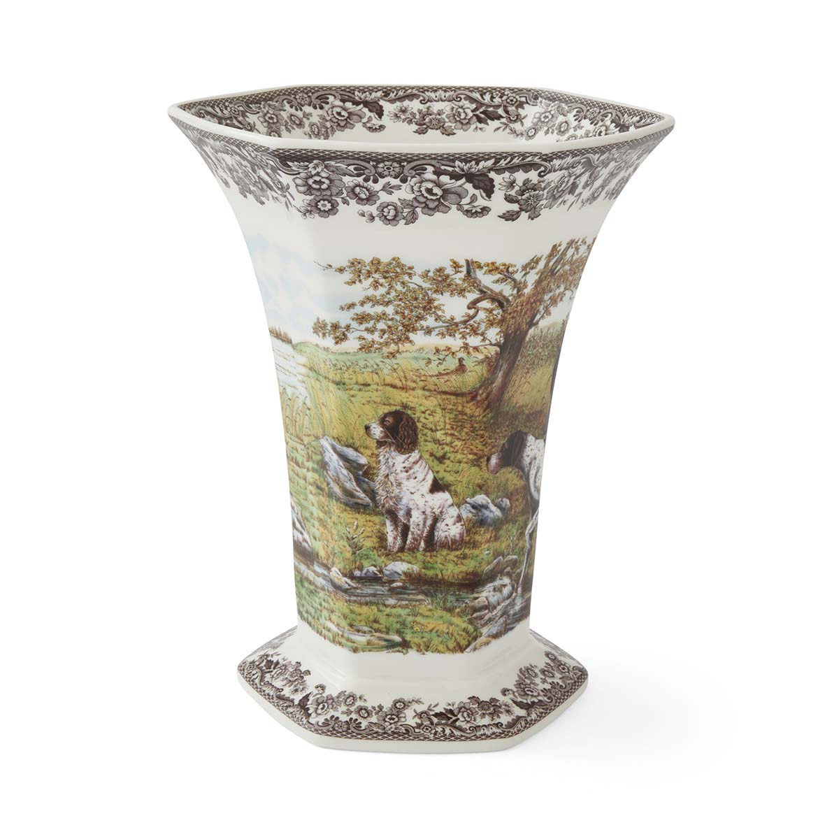 Spode Woodland Hexagonal Vase, Hunting Dogs
