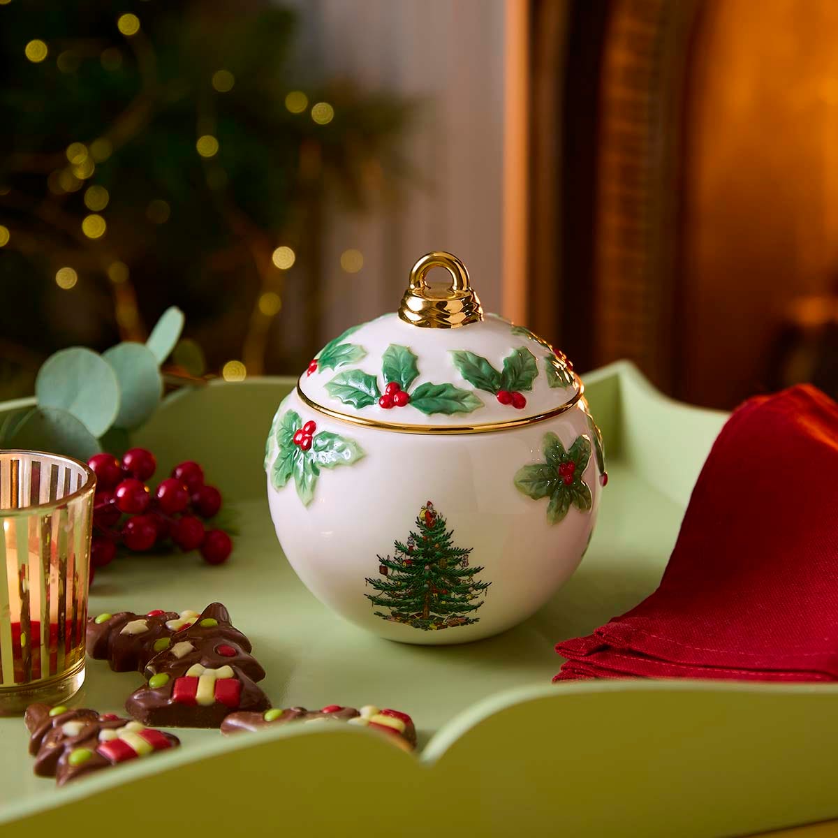 Spode Christmas Tree Bauble Lidded Candy Bowl
