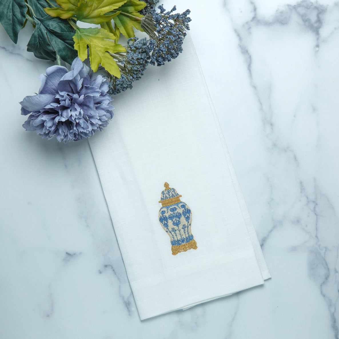 Chinoiserie Filagree Jar Linen Tea Towel, White