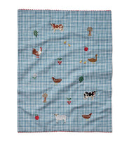 Checkered fabric with farm animal and vegetable patterns on a white background