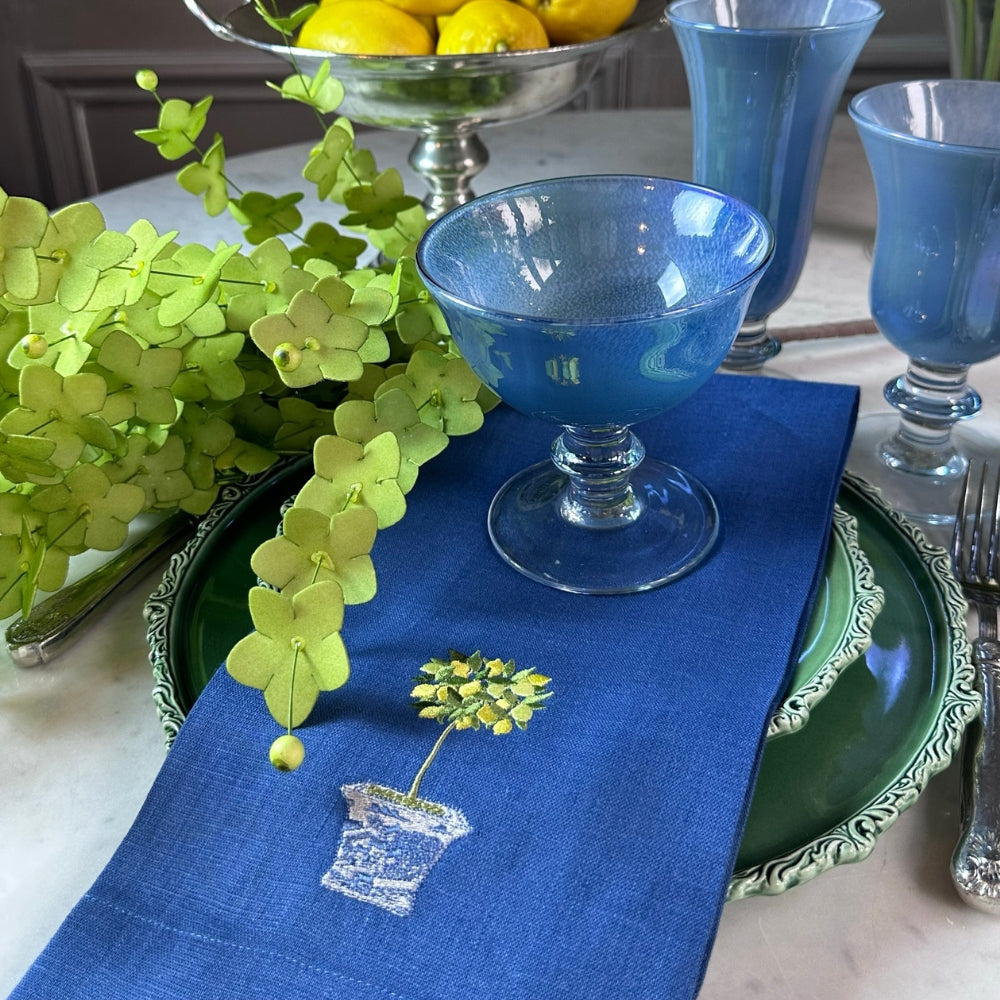 Lemon Topiary Linen Tea Towel, Royal Blue