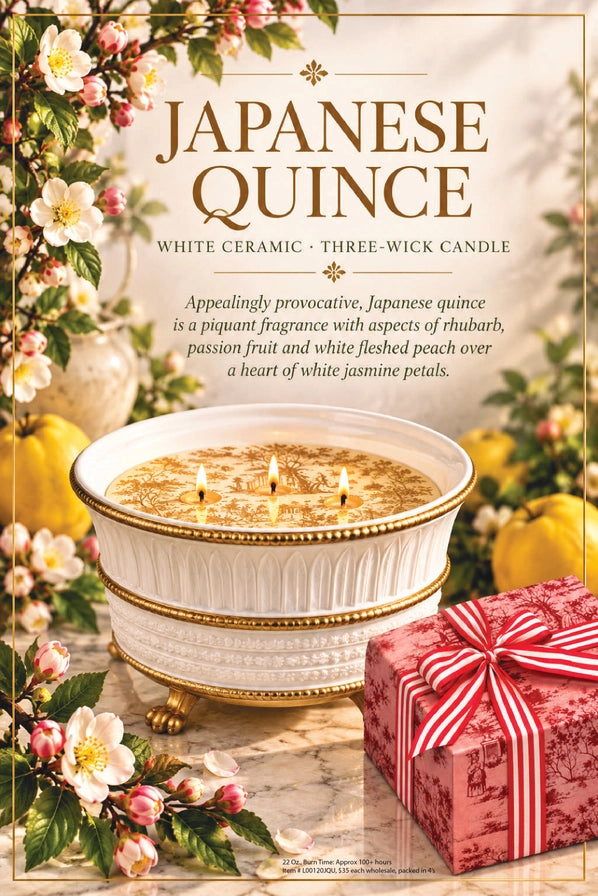 Seda France Japanese Quince White Ceramic, Three Wick Candle