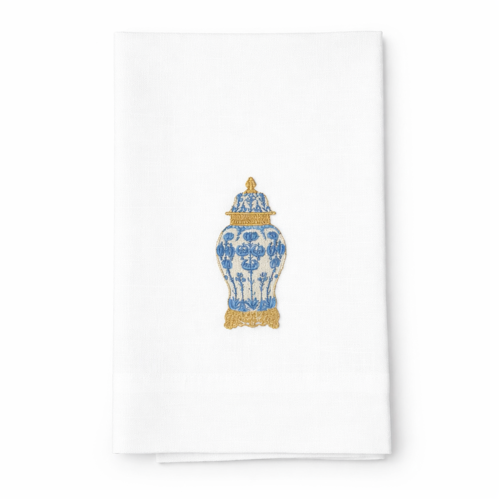 Chinoiserie Filagree Jar Linen Tea Towel, White