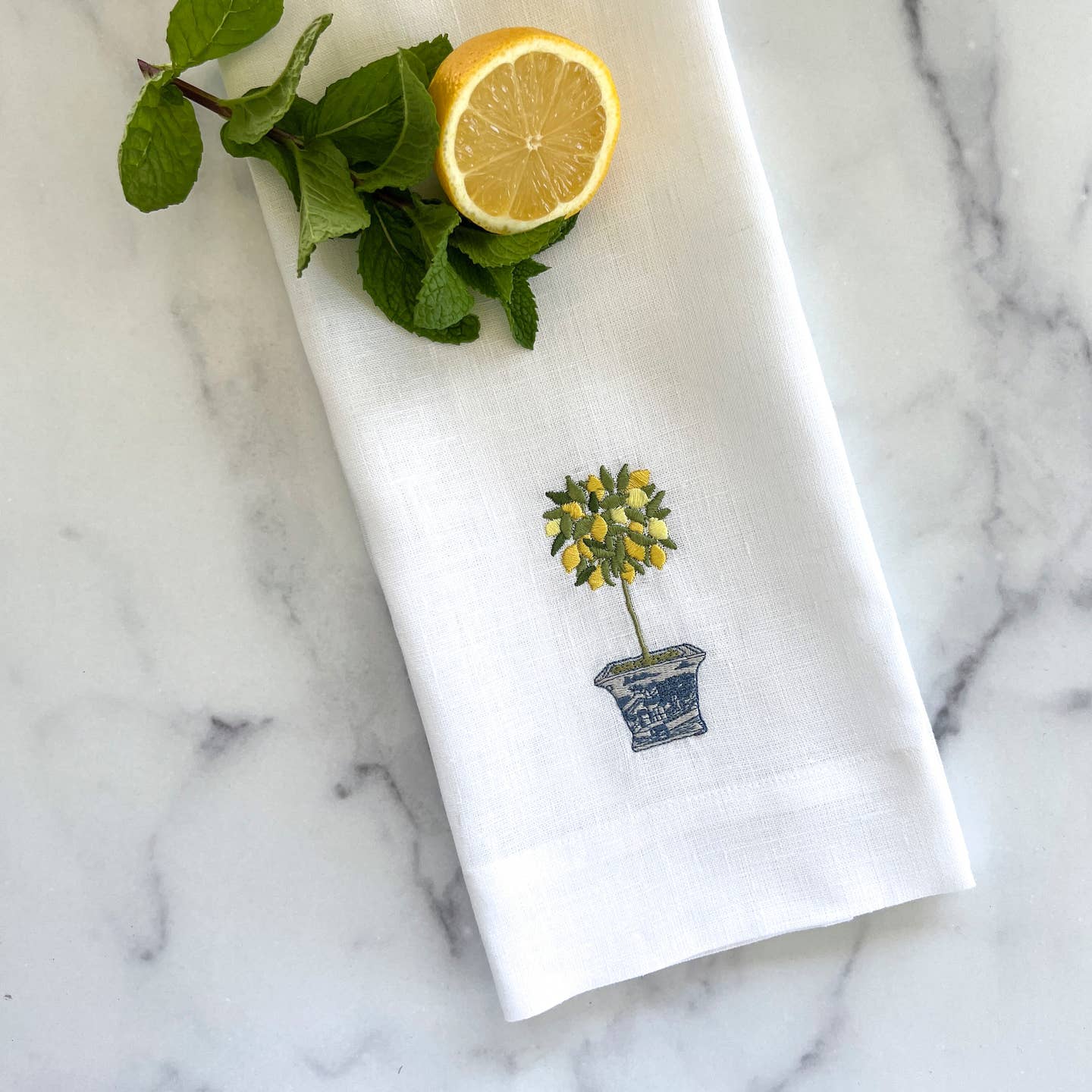 Lemon Topiary Linen Tea Towel, White