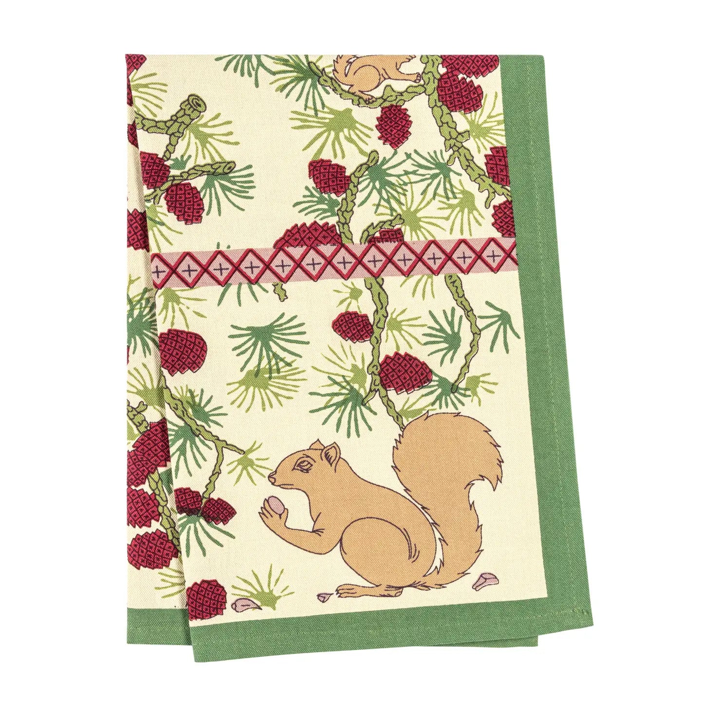 Squirrel & Pinecone Tea Towel, Red & Brown