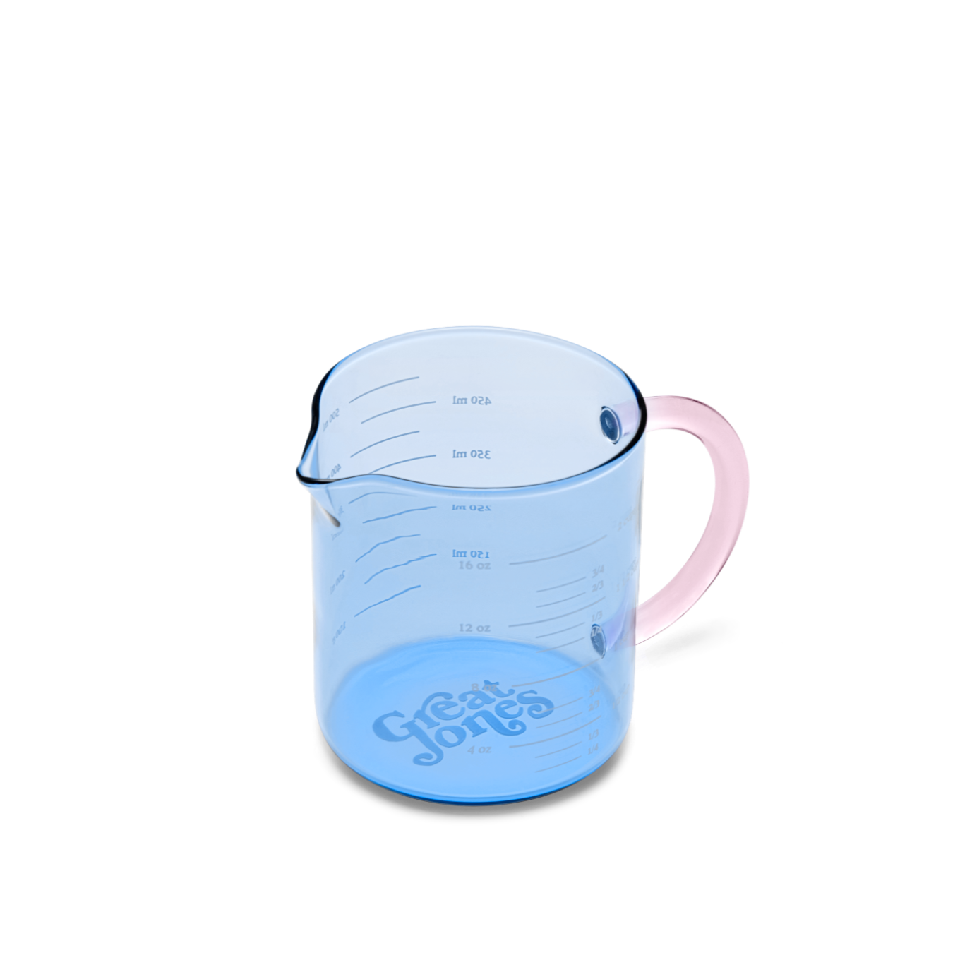 Blue measuring cup with pink handle on a white background