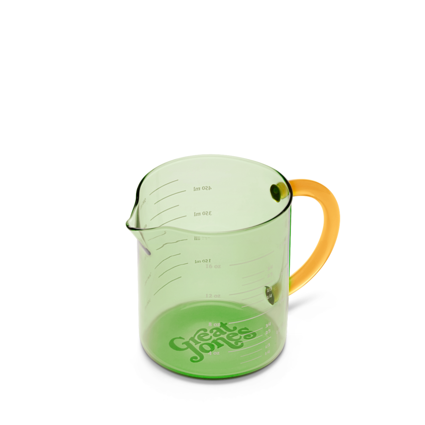 Green measuring cup with orange handle on a white background