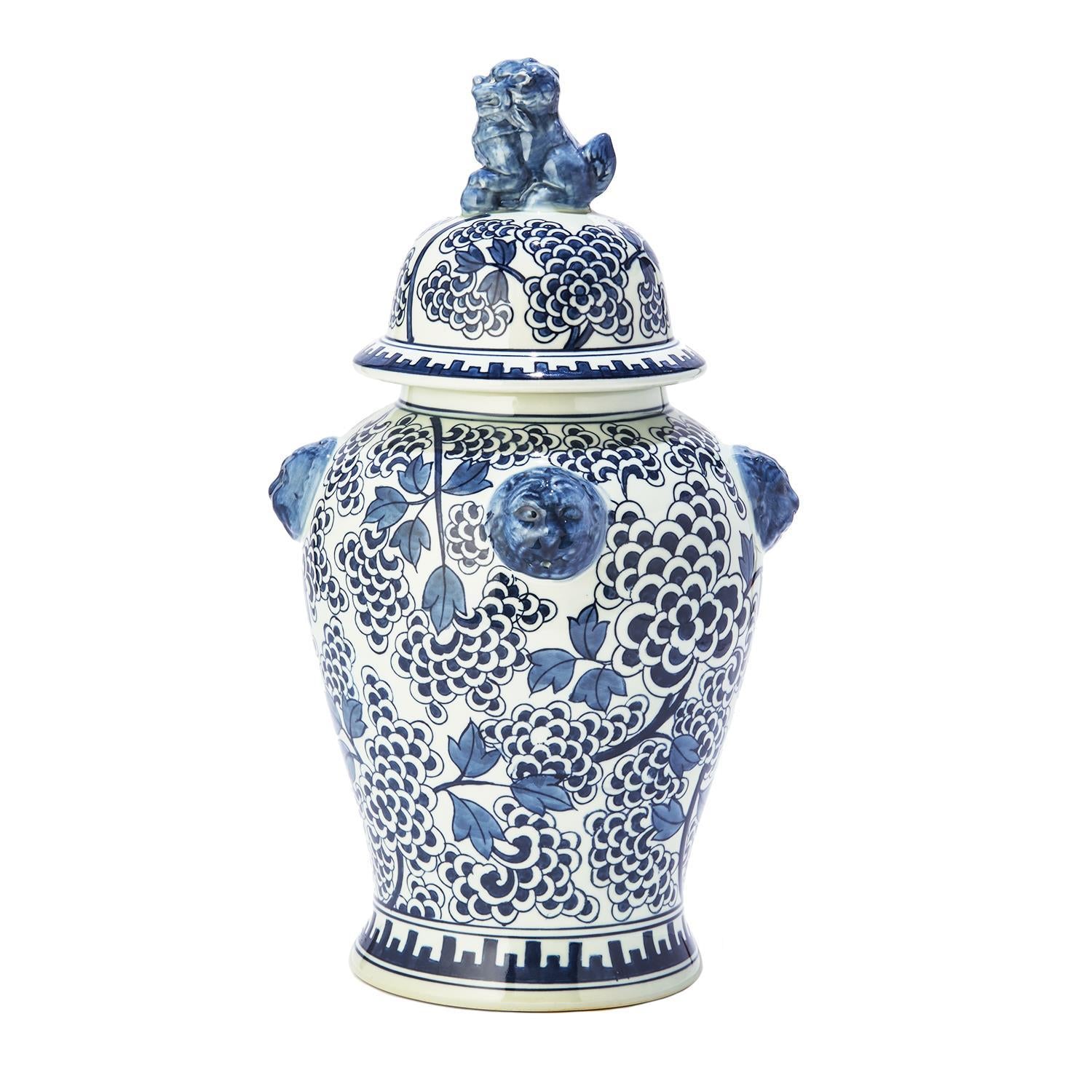 Virginia Peony Flower Temple Jar, Blue & White
