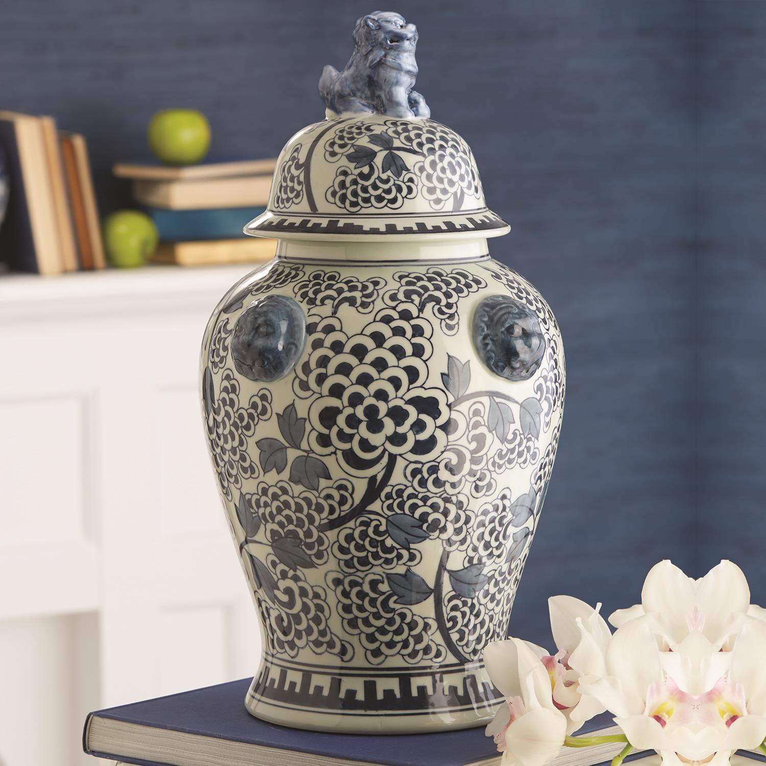 Virginia Peony Flower Temple Jar, Blue & White