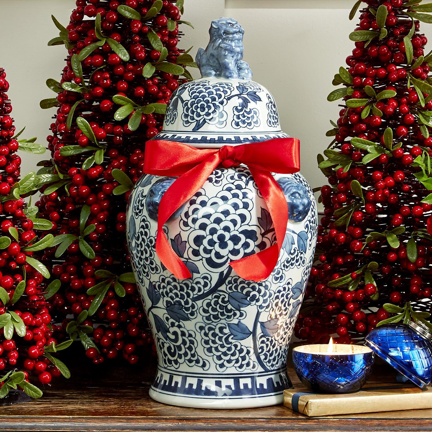 Virginia Peony Flower Temple Jar, Blue & White