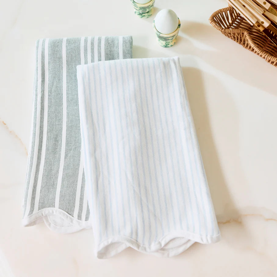 Weezie Scalloped Kitchen Towels Pair, Blue Pinstripe