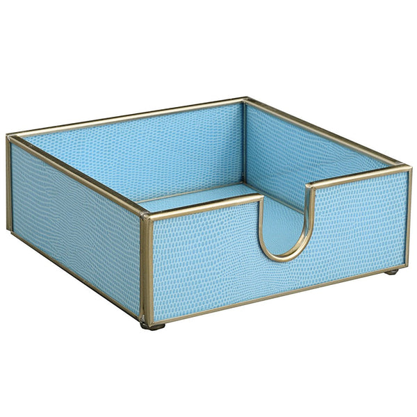 Glass Cocktail Napkin Tray, Sky Blue Faux Skin