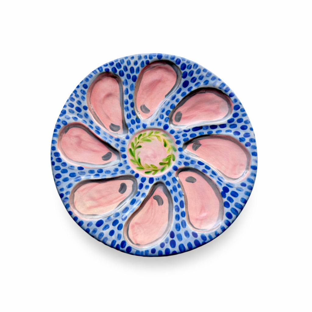 Hand-Painted Oyster Plate, Blue Dash