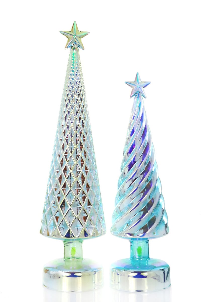 Radiance Green/Blue Lit Glass Trees, Set of 2