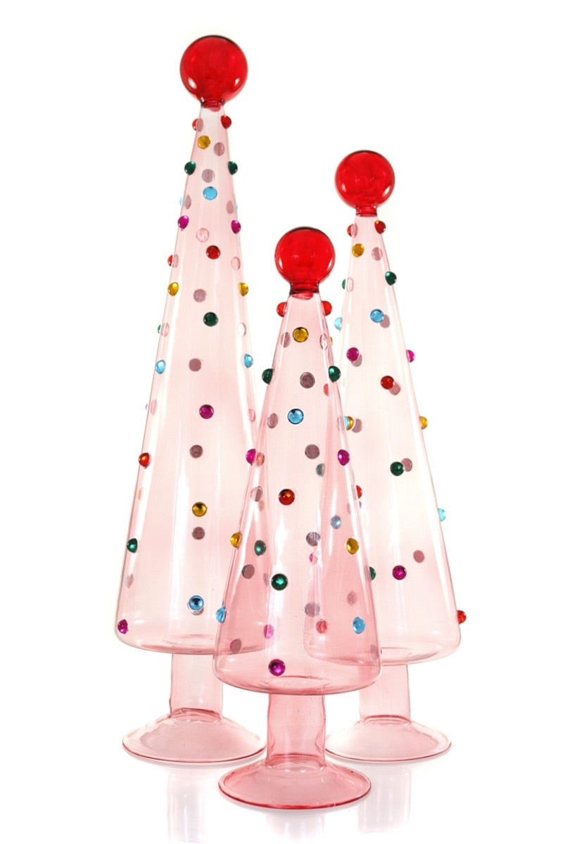 Dotted Clear Pink Glass Trees, Set of 3
